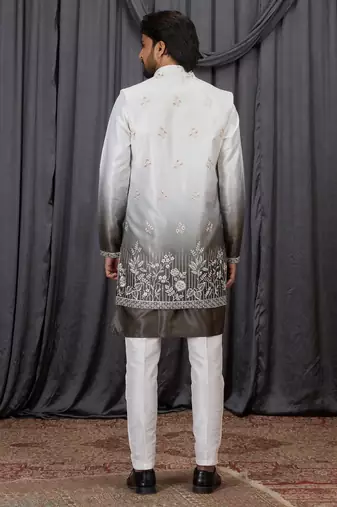 Green shaded art silk 3 peice long kurta jacket set for men