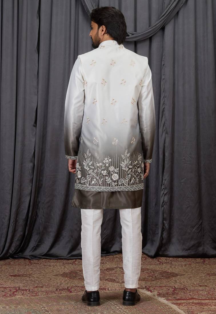 Green shaded art silk 3 peice long kurta jacket set for men