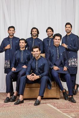 Blue art silk 3 peice long kurta jacket set for men 1