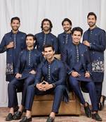 Blue art silk 3 peice long kurta jacket set for men