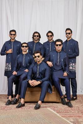 Blue art silk 3 peice long kurta jacket set for men 2