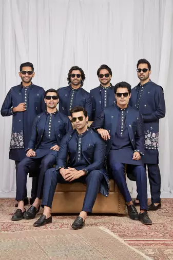 Blue art silk 3 peice long kurta jacket set for men