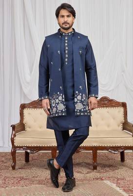 Blue art silk 3 peice long kurta jacket set for men 3