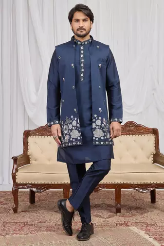 Blue art silk 3 peice long kurta jacket set for men