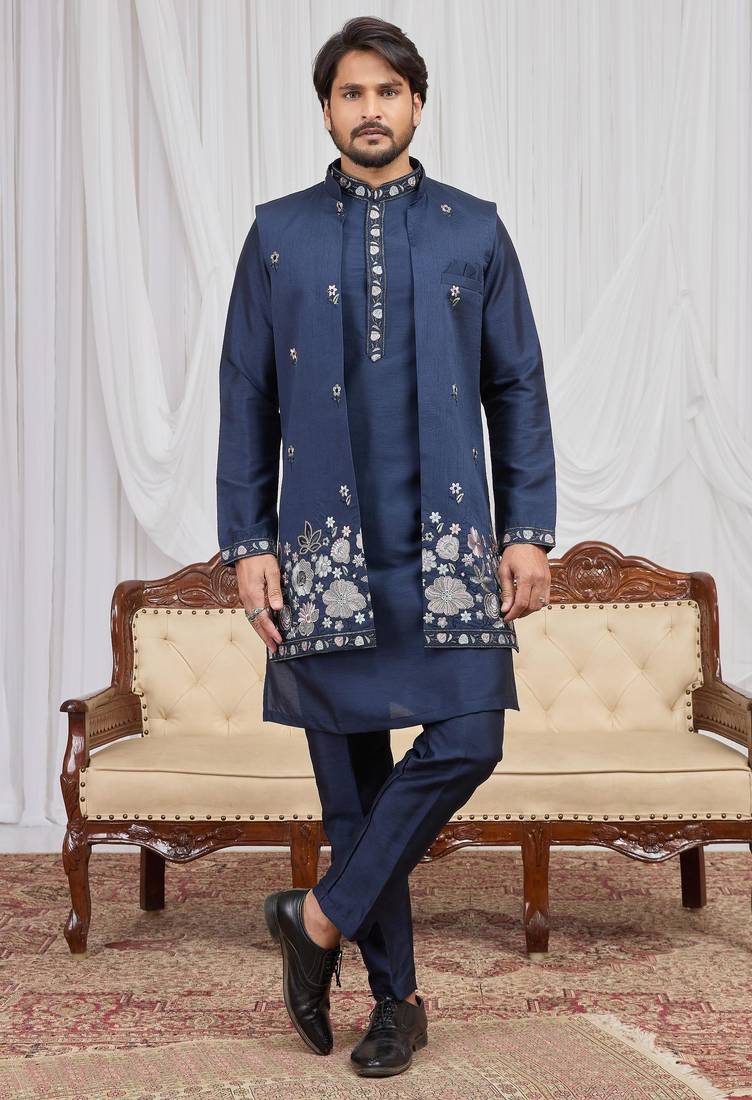 Blue art silk 3 peice long kurta jacket set for men
