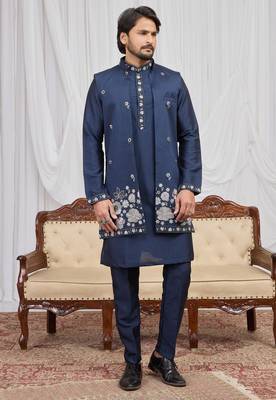 Blue art silk 3 peice long kurta jacket set for men 4