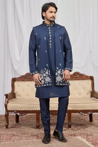 Blue art silk 3 peice long kurta jacket set for men