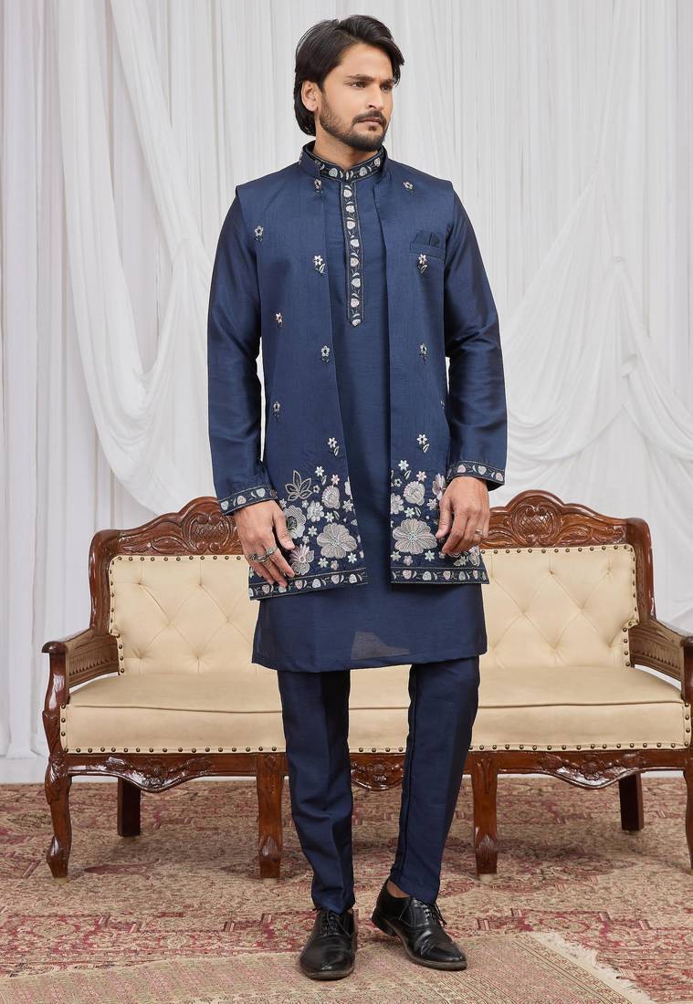 Blue art silk 3 peice long kurta jacket set for men