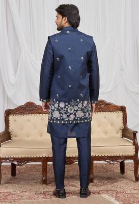 Blue art silk 3 peice long kurta jacket set for men 5