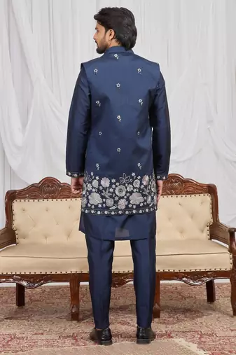 Blue art silk 3 peice long kurta jacket set for men