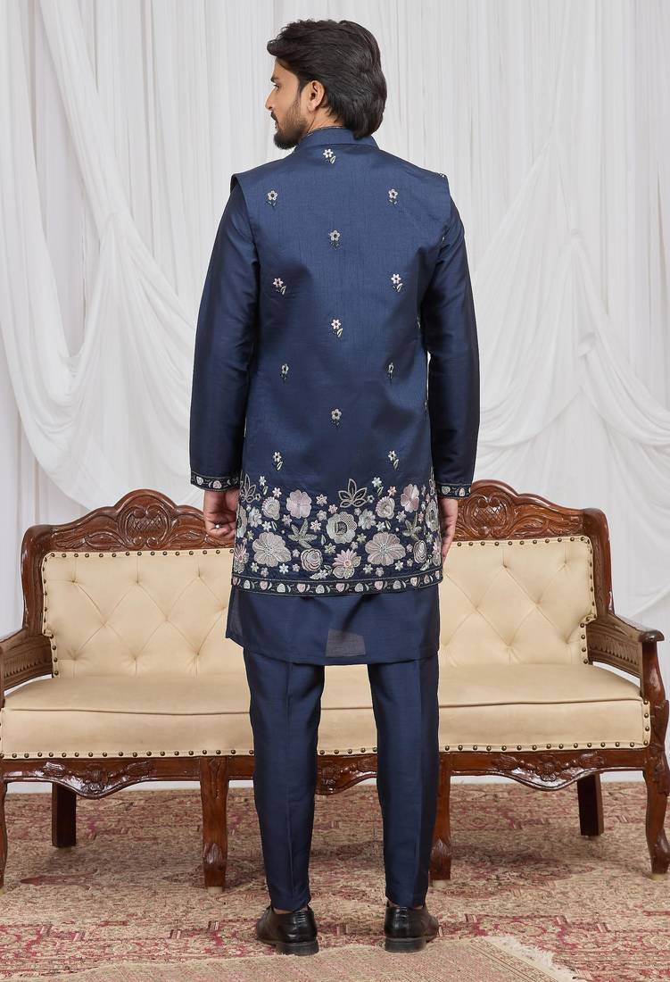 Blue art silk 3 peice long kurta jacket set for men