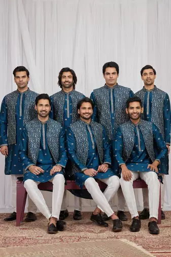 Blue art silk 3 peice  kurta jacket set for men