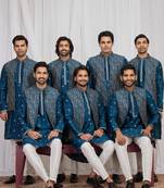 Blue art silk 3 peice  kurta jacket set for men