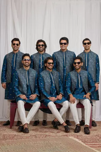 Blue art silk 3 peice  kurta jacket set for men