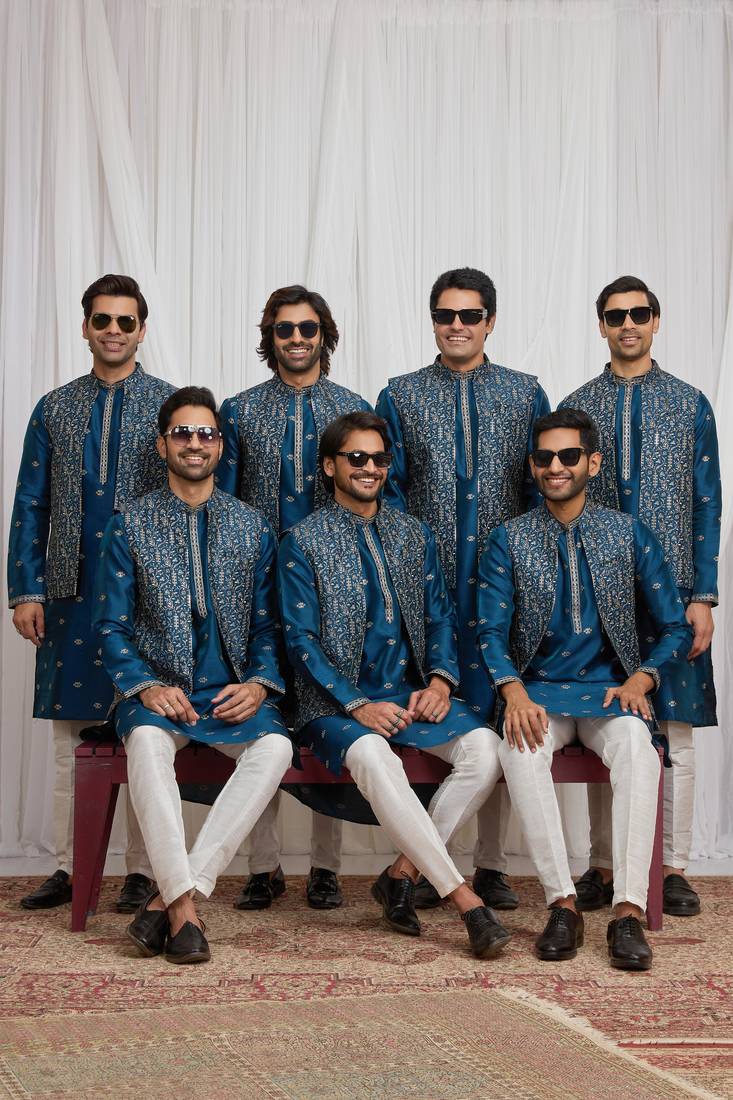 Blue art silk 3 peice  kurta jacket set for men