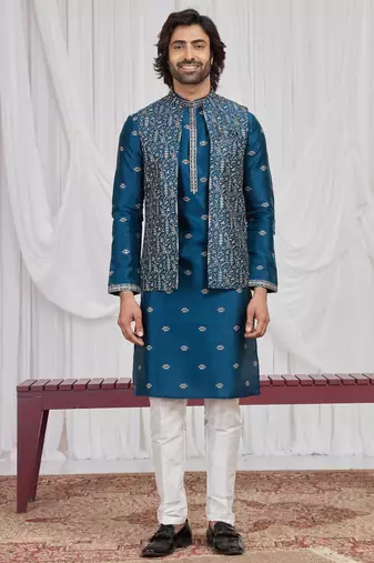 Blue art silk 3 peice  kurta jacket set for men