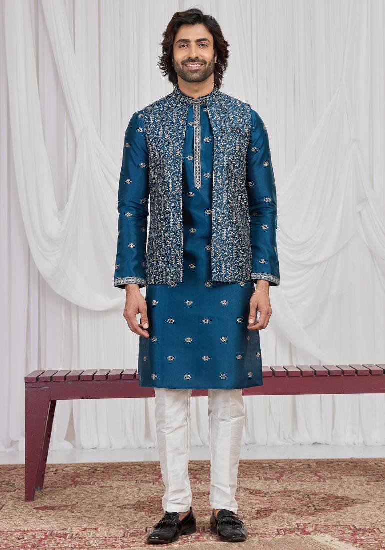 Blue art silk 3 peice  kurta jacket set for men