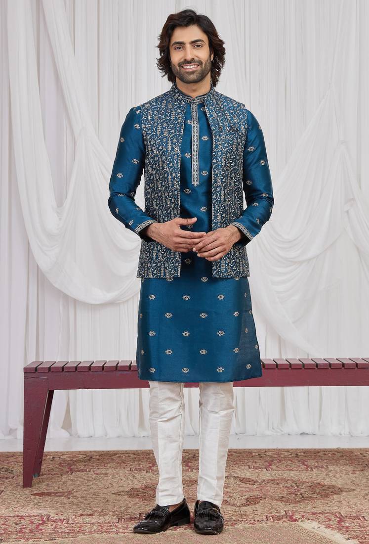 Blue art silk 3 peice  kurta jacket set for men