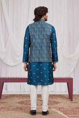 Blue art silk 3 peice  kurta jacket set for men 5