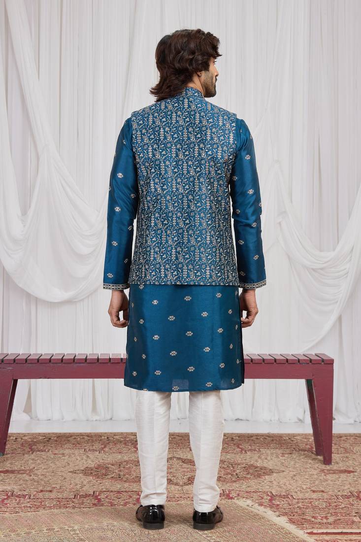 Blue art silk 3 peice  kurta jacket set for men
