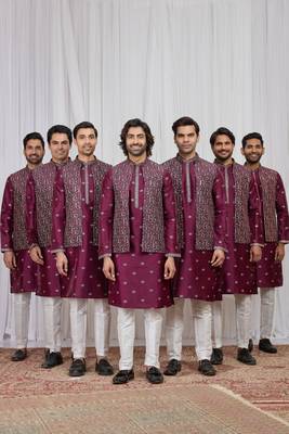 Wine art silk 3 peice  kurta jacket set for men 1