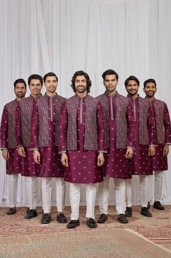 Wine art silk 3 peice  kurta jacket set for men
