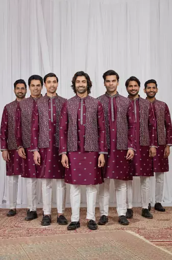 Wine art silk 3 peice  kurta jacket set for men