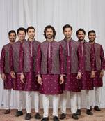 Wine art silk 3 peice  kurta jacket set for men