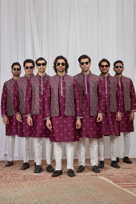 Wine art silk 3 peice  kurta jacket set for men 2