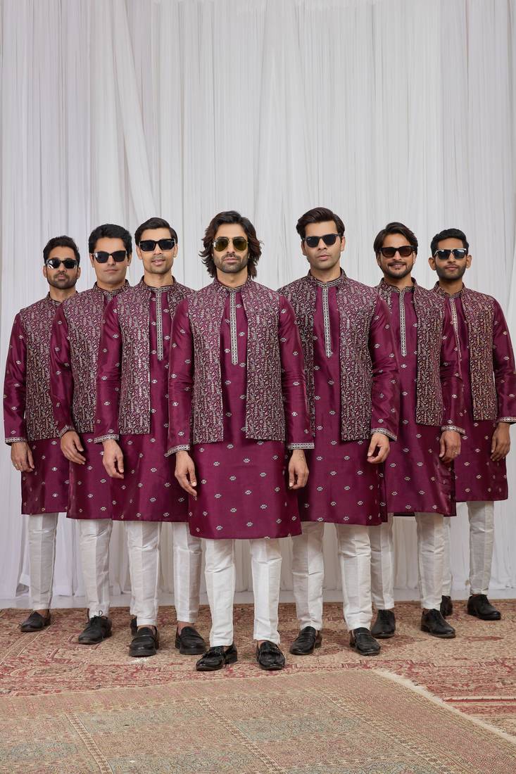 Wine art silk 3 peice  kurta jacket set for men