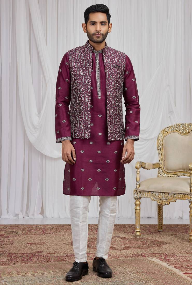 Wine art silk 3 peice  kurta jacket set for men