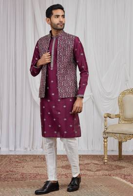 Wine art silk 3 peice  kurta jacket set for men 4