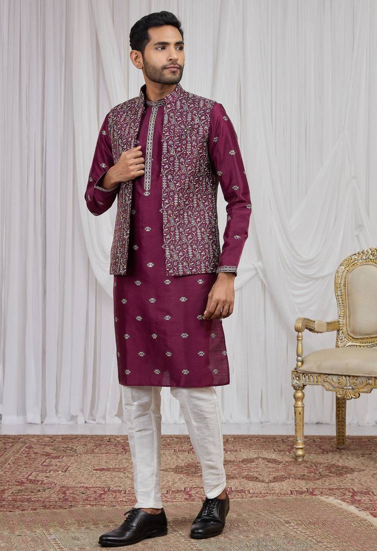 Wine art silk 3 peice  kurta jacket set for men