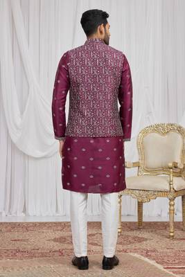 Wine art silk 3 peice  kurta jacket set for men 5