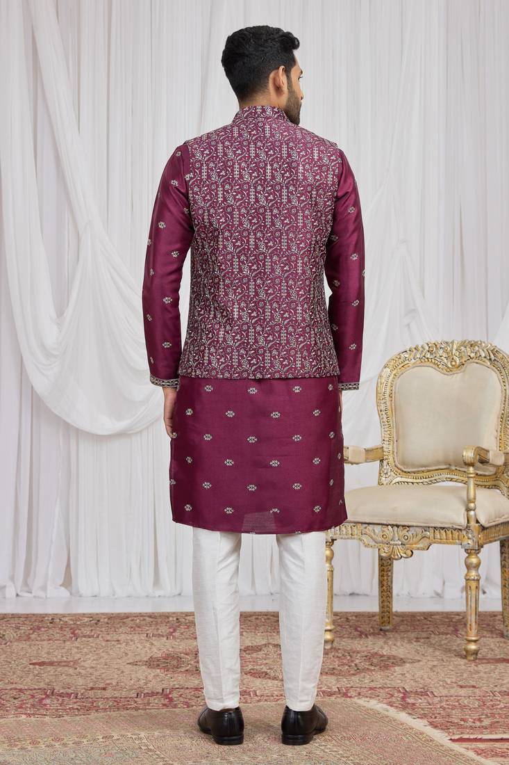 Wine art silk 3 peice  kurta jacket set for men
