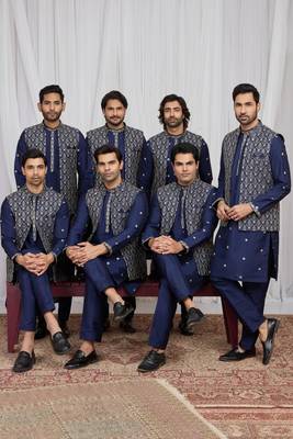 Blue art silk 3 peice  kurta jacket set for men 1