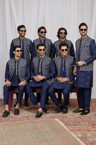 Blue art silk 3 peice  kurta jacket set for men