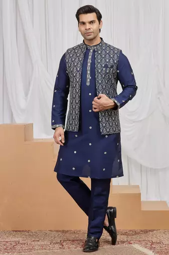 Blue art silk 3 peice  kurta jacket set for men