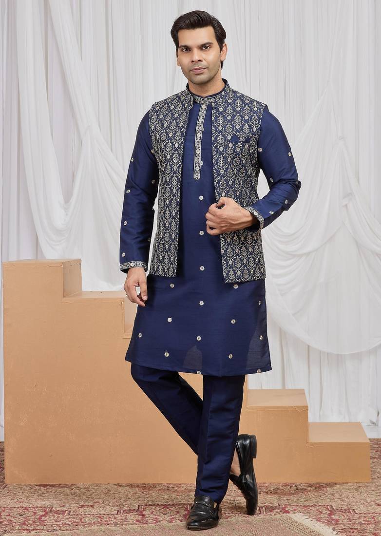 Blue art silk 3 peice  kurta jacket set for men