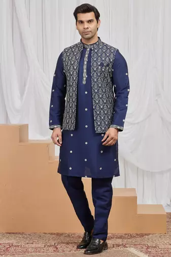 Blue art silk 3 peice  kurta jacket set for men