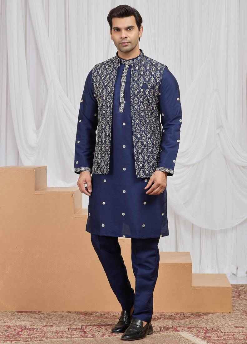 Blue art silk 3 peice  kurta jacket set for men