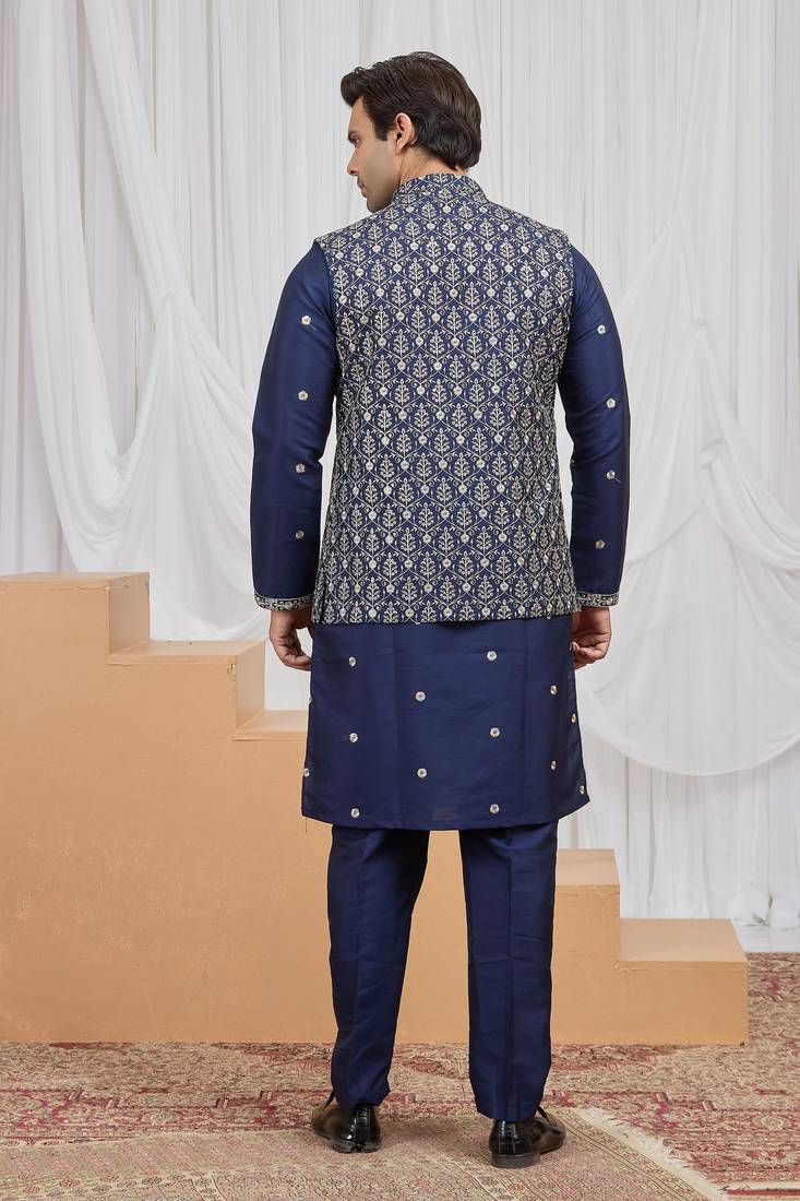 Blue art silk 3 peice  kurta jacket set for men