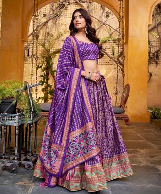 PURPLE Elegant Tasar Silk Lehenga Set with Iconic Sparkle & Lace Border   Blouse & Tassel Dupatta 1