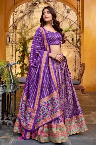 PURPLE Elegant Tasar Silk Lehenga Set with Iconic Sparkle & Lace Border – Blouse & Tassel Dupatta