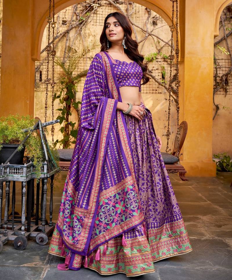 PURPLE  Tasar Silk Lehenga Set with Iconic Sparkle & Lace Border     Blouse & Tassel Dupatta