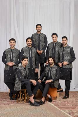 Black art silk 3 peice  kurta jacket set for men 1