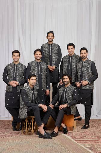 Black art silk 3 peice  kurta jacket set for men
