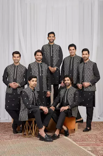 Black art silk 3 peice  kurta jacket set for men