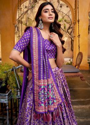 PURPLE Elegant Tasar Silk Lehenga Set with Iconic Sparkle & Lace Border   Blouse & Tassel Dupatta 2