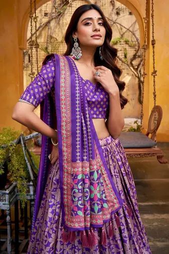 PURPLE Elegant Tasar Silk Lehenga Set with Iconic Sparkle & Lace Border     Blouse & Tassel Dupatta